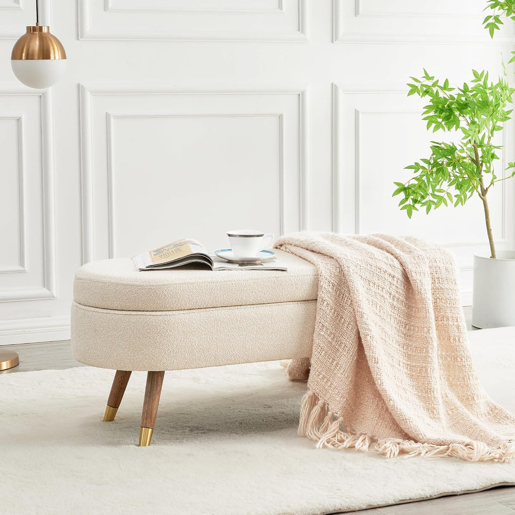 Oval Storage Bench 43.5" Ottoman Bench Upholstered Boucle Fabric Footrest Bench with Golden Metal Legs End of Bed