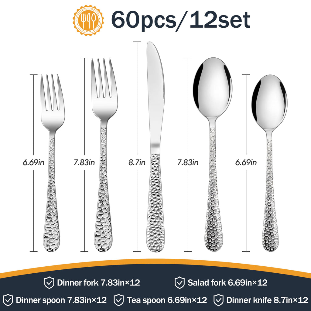 Hammered Silverware Set, 60-Piece Stainless Steel Flatware