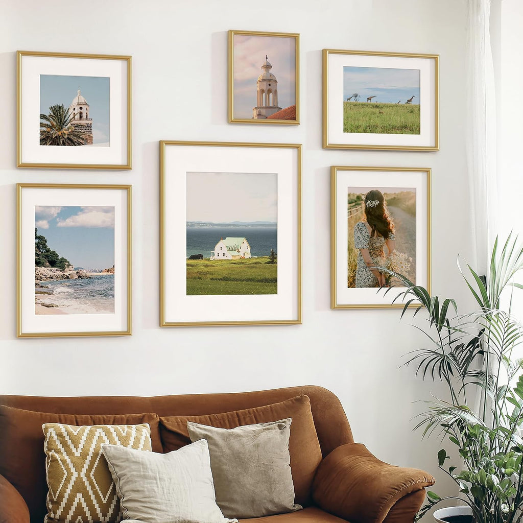 12x12 Gold Picture Frame, 12 x 12 Metal Frame Set of 3, Modern Gold Aluminum Frames with Tempered Glass, Matted to