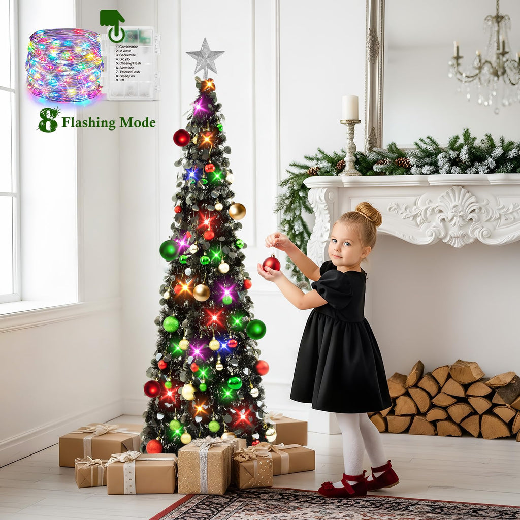 Pop Up Black Tinsel Christmas Tree, 5Ft Collapsible with Lights & 30 Balls, Skinny Christmas Tree Decor for Holiday