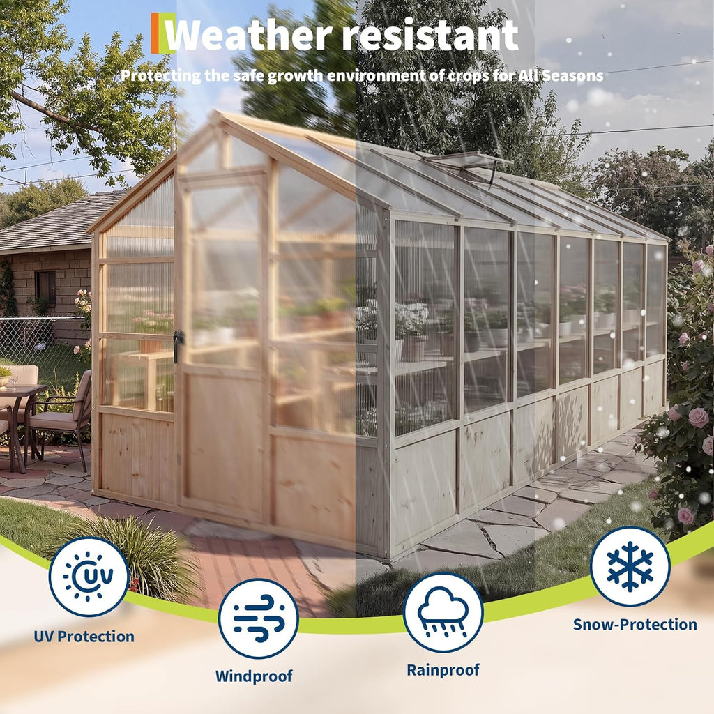 Heavy Duty Walk-in Wooden Greenhouse Kit, 4mm Polycarbonate Panels Green House with Adjustable Vents and Lockable