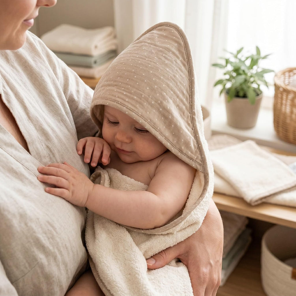 Hooded Baby Bath Towel & Wash Mitt Set, 100% GOTS Organic Cotton
