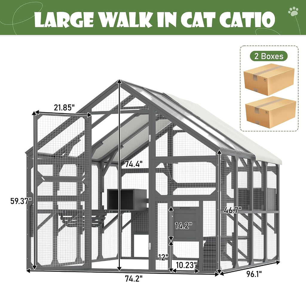 Large Outdoor Catio Cat Enclosure, 96 x 74 x 74 in Walk-in Pine Wood Cat House with 7 Platforms, 2 Resting Boxes