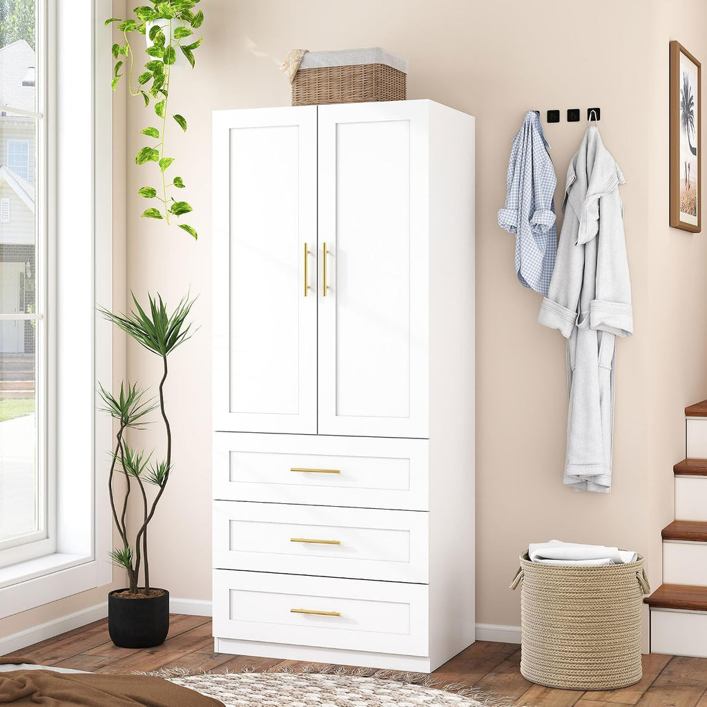 White Armoires Wardrobes Closet:Bedroom Armoire Wardrobe Closet with Hanging Rod, Modern Wardrobe Cabinet with