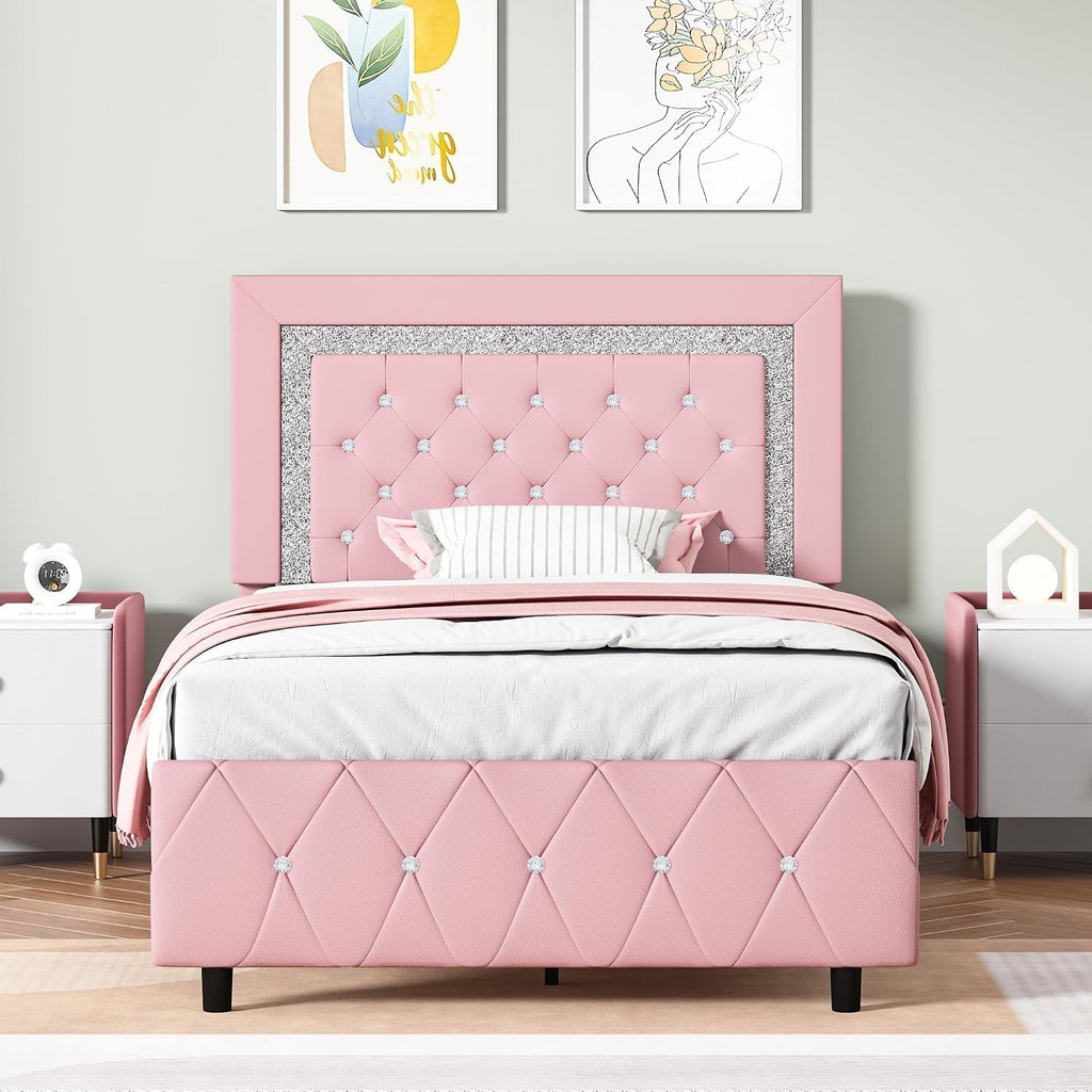 Twin Bed Frame with Headboard, Princess Twin Bed Frames for Kids | Faux Leather Upholstered Bed with Diamond Tufted