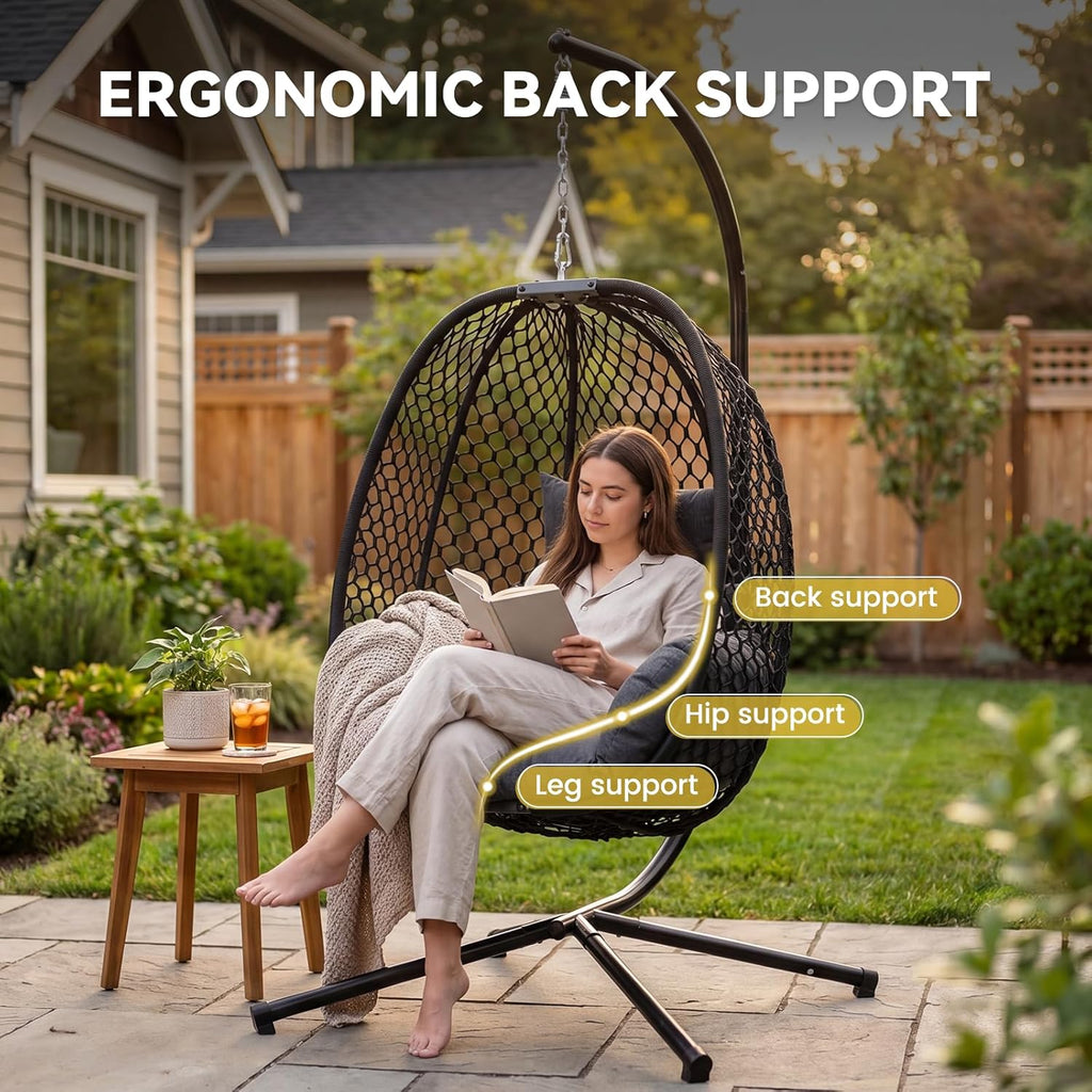 Egg Chair Outdoor with Stand, 400lbs Wicker Hanging Egg Swing Chair, Porch Swing Rocking Chair with Thick Cushion