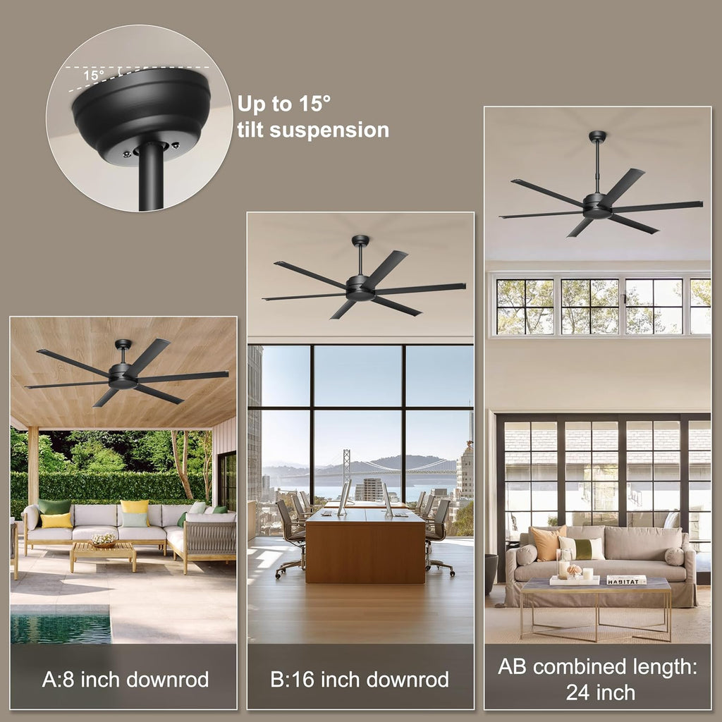 60" Ceiling Fan No Light - Industrial Fan Remote & APP Control, Quiet DC Motor, Indoor/Outdoor Ceiling Fan , Shop