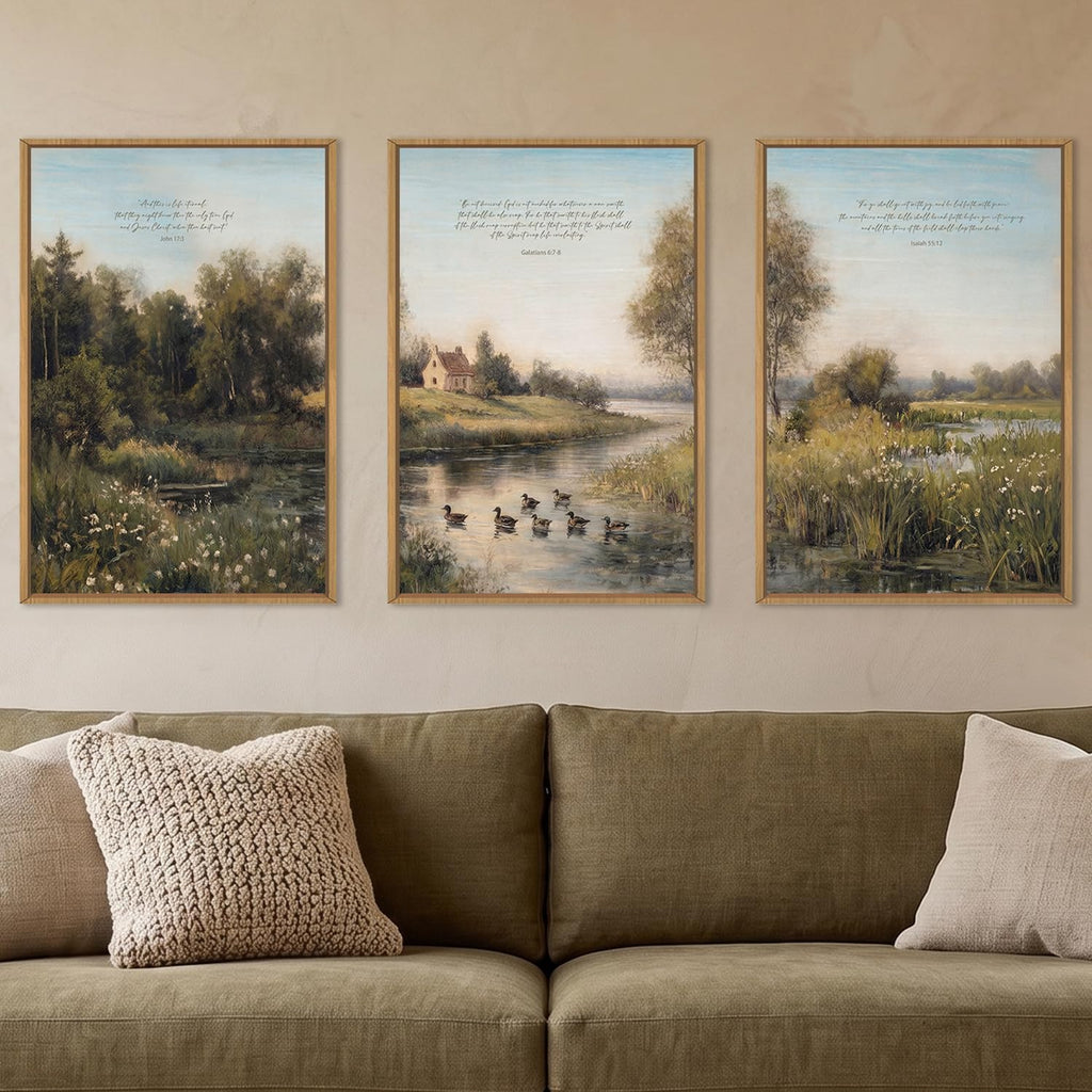 John 17:3 and This is Life Eternal Framed Canvas Wall Art Set, Vintage Sage Green Bible Verse Landscape Wall Decor