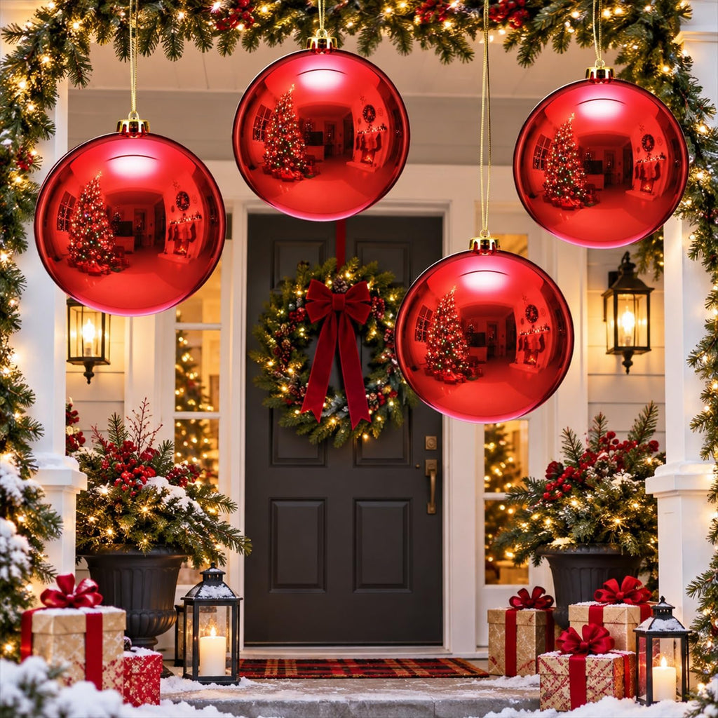 8" 4 Pcs Large Christmas Ornaments Ball, Shiny Red
