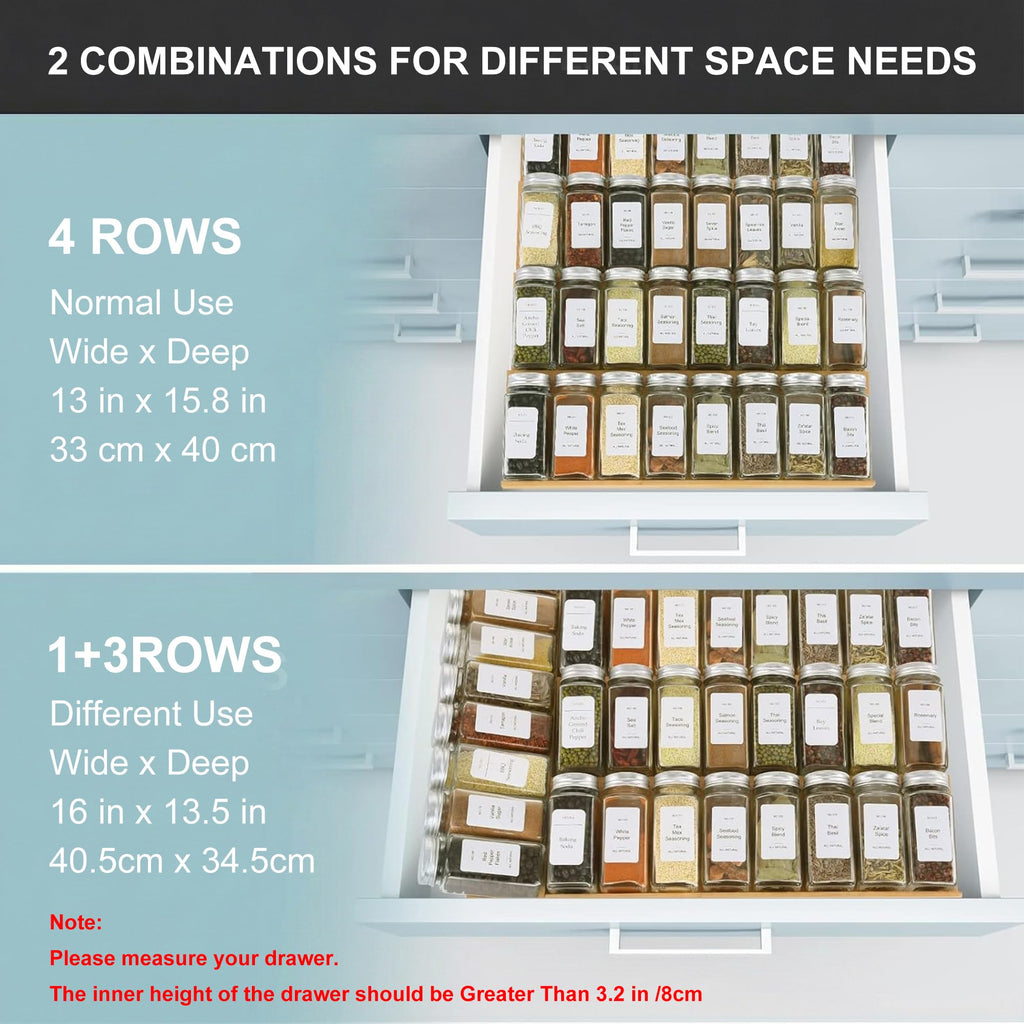 Spice Drawer Organizer with 28 Spice Jars and 216 Labels,Non-slip Rubber, Bamboo 4 Tier Spice Racks Tray Seasoning