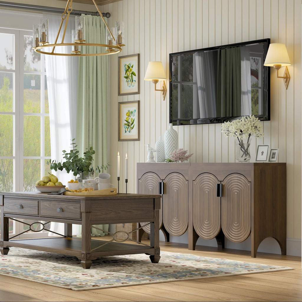 Fluted Sideboard Cabinet with Storage, Buffet Cabinet with Adjustable Shelves, Accent Storage Cabinets with Carved Arc