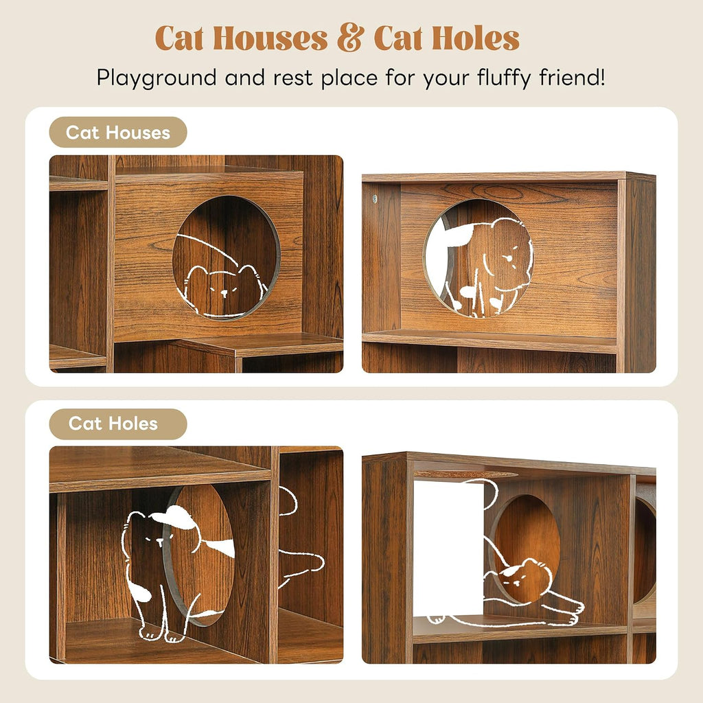 Modern Cat Climbing Bookshelf with Storage Cubes and Hidden Cat Houses, Tall Wooden Cat Tower Organizer with Pass