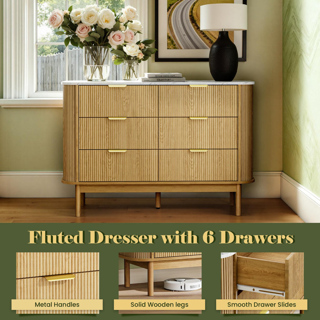 47" Fluted Dresser with 6 Drawer, Modern Chest of Drawers, Faux Marble Top & Curved Profile Design, Wood Drawer Storage