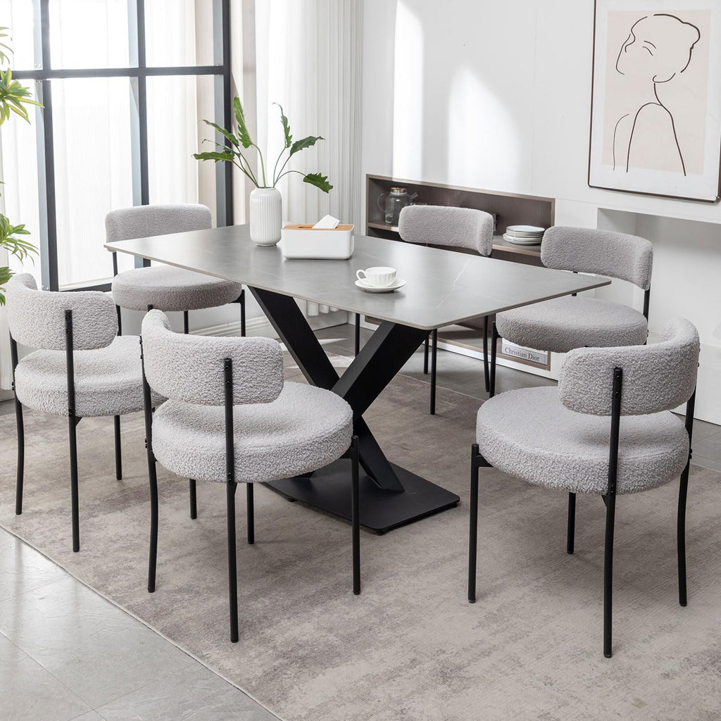 Boucle Dining Chairs Set of 6, Upholstered Dining Room Chairs with Black Metal Legs, Round Modern Dining Chair (Light