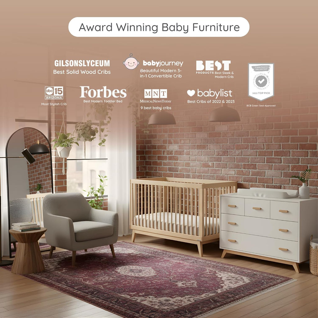 Soho Nursery Furniture Set, Baby Crib & Dresser Combo, White/Natural | Soho 3-in-1 Convertible Beechwood Baby Crib