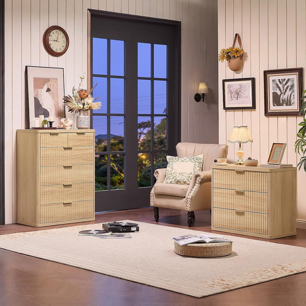 31" Wide Fluted Nightstand for Large Spaces, Oversized Extra 3 Drawers Night Stand, Wood Bedside Table, Tall Bed Side