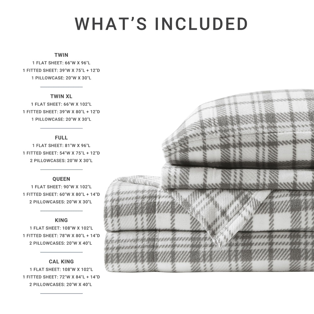 Sleep Philosophy Micro Fleece Sheets Bed Set 3 Piece, Grey Plaid
