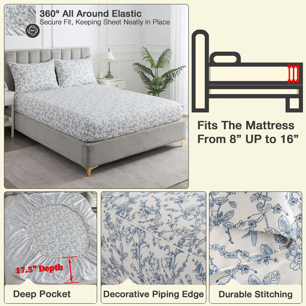 Vintage Floral Percale Sheets, Deep Pocket, White & Blue