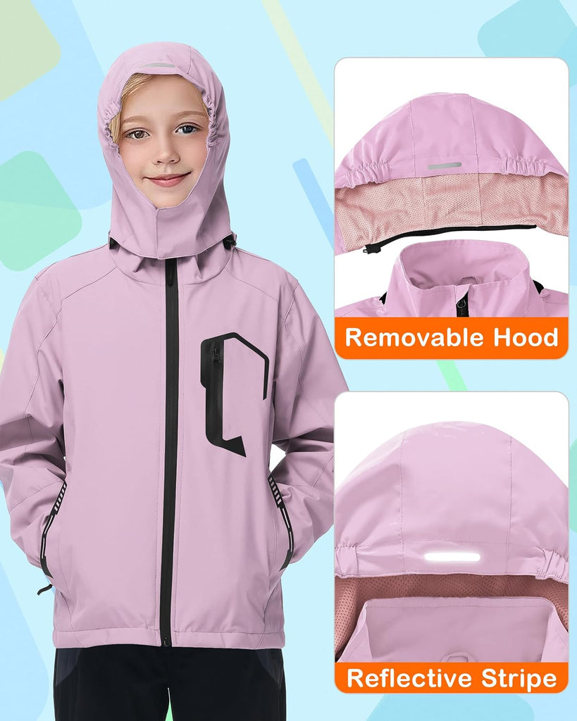 Rain Jacket Boys Girls Lightweight Raincoats Kids Outdoor Windbreaker Jackets with Detachable Hood