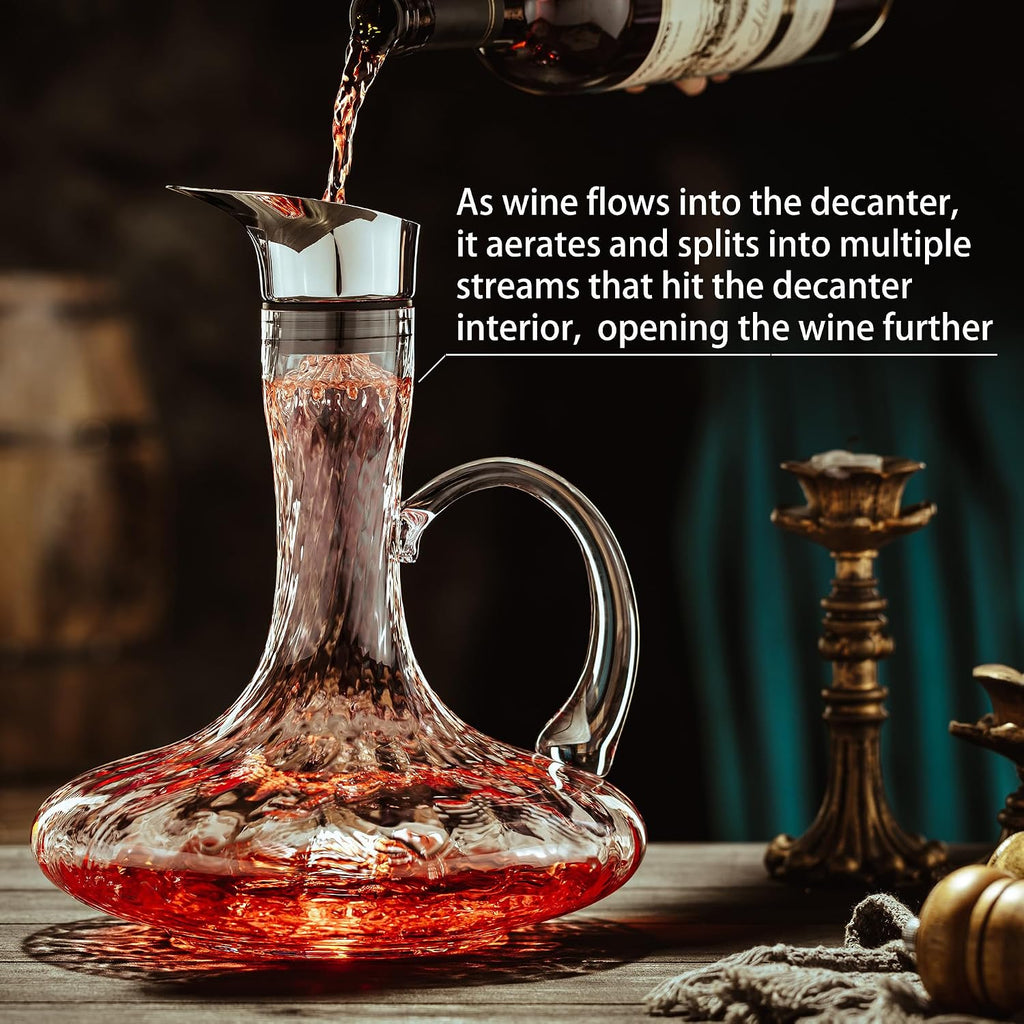 Hand Blown Wine Decanter, 60oz Large Red Wine Decanter With Aerator, Lead-free Striped Glass Carafe, Cute Wine