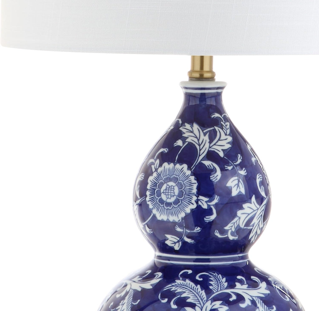 27" Blue/White Ceramic Chinoiserie Table Lamp, Traditional Floral Double Gourd Vase Lamp with White Linen Drum Shade