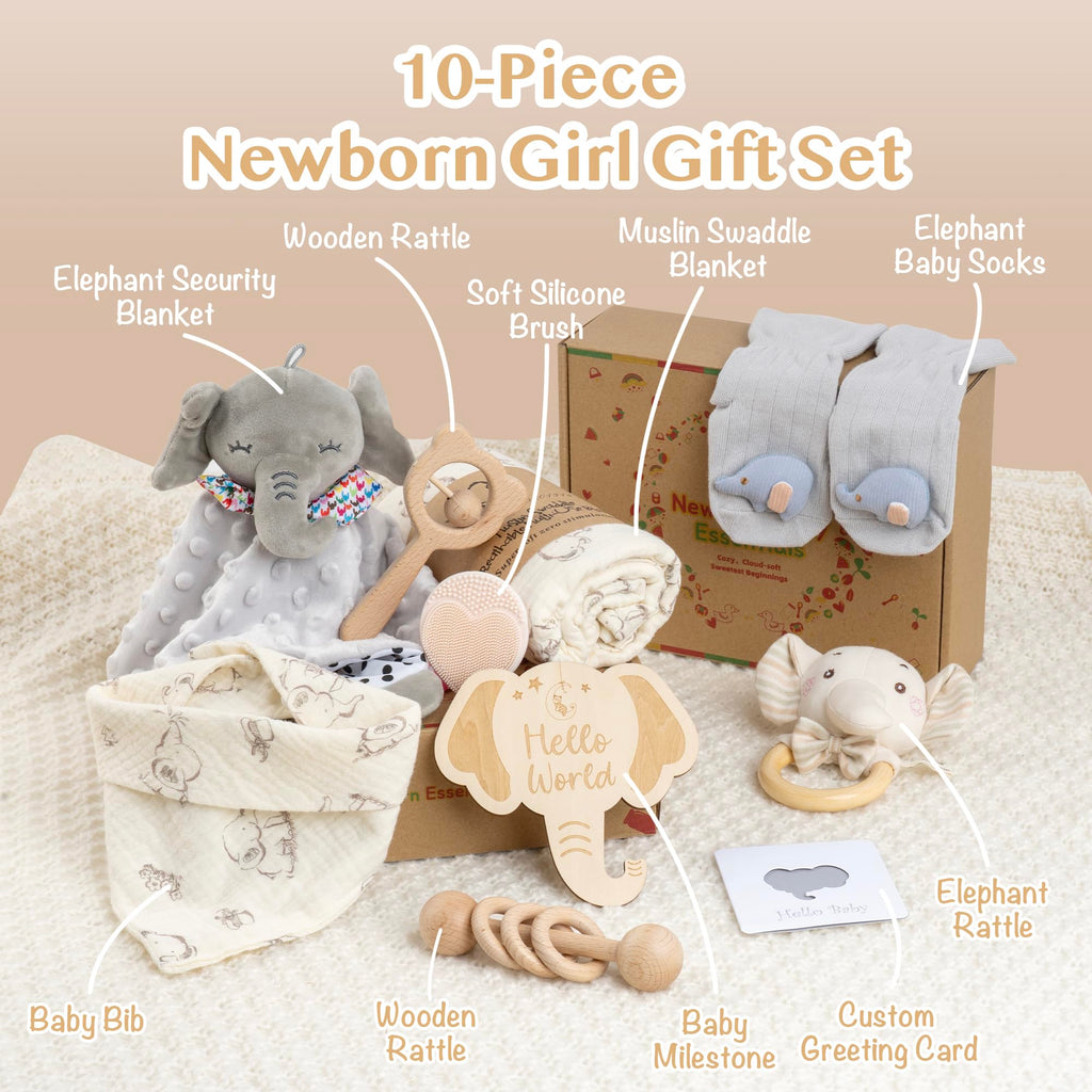 Elephant Baby Gift Set- 10 Piece Newborn Present Box with Essentials