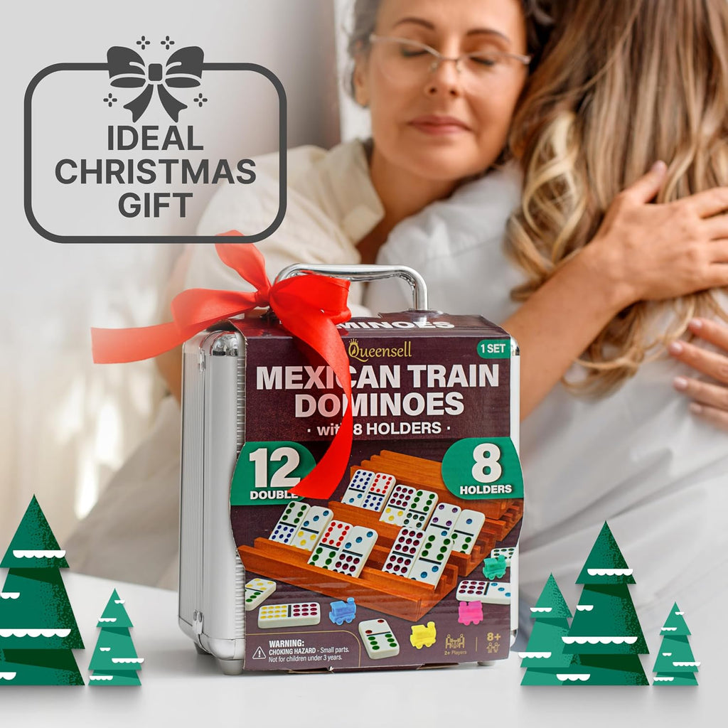 Mexican Train Dominoes Set with 8 Holders - Wooden Hub and Tiles Holders - Double 12 Tiles with Dots (D12 + 8 Holders)