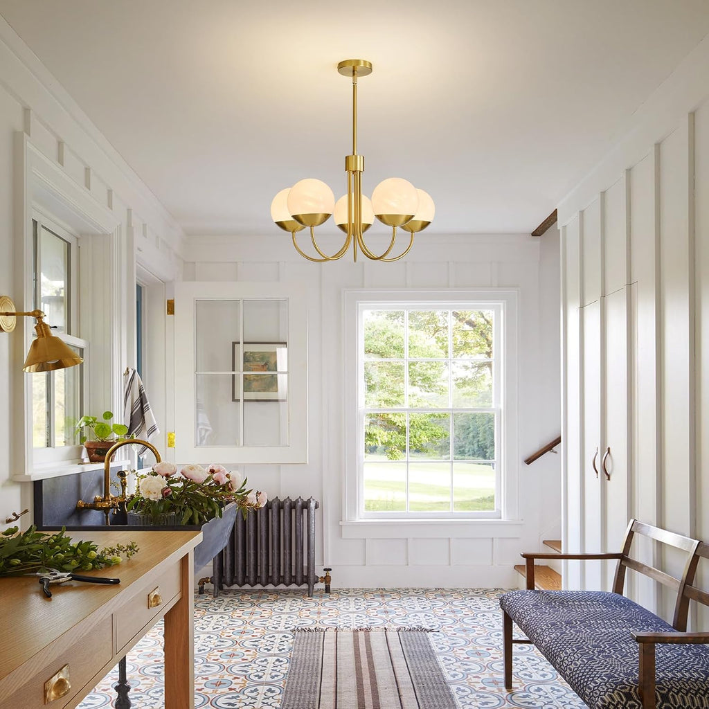 5-Light Modern Gold Chandelier, Mid Century Sputnik Globe Pendant Light with Milk White Glass Shades, Height