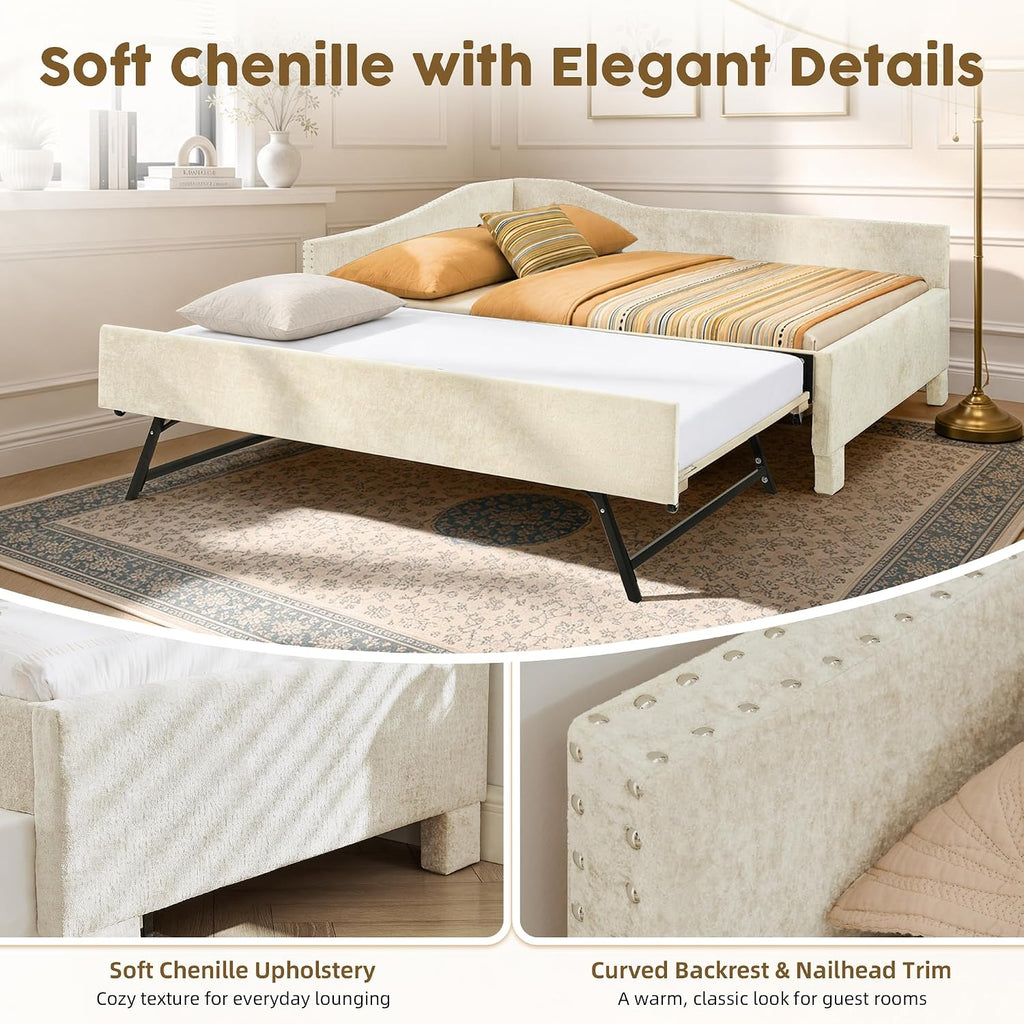 Full Daybed with Pop Up Trundle, Full Size Day Bed Frame, USB Port, Beige | Chenille L-Shaped Corner Bed Frame
