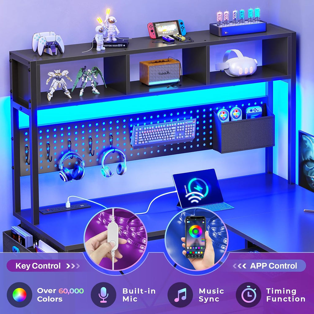 L Shaped Gaming Desk with Hutch, 57.5" Reversible Corner Computer Desk with Storage Shelves, Gaming Desk with