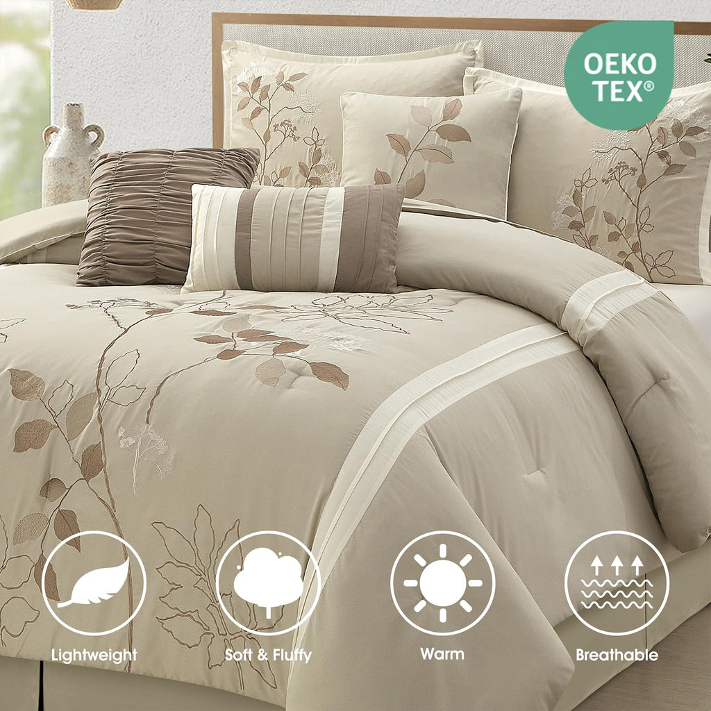 Beige Queen Comforter Set, 7 Pieces Bed in a Bag, Elegant Floral Leaves Embroidery, Soft and Lightweight All Seasons