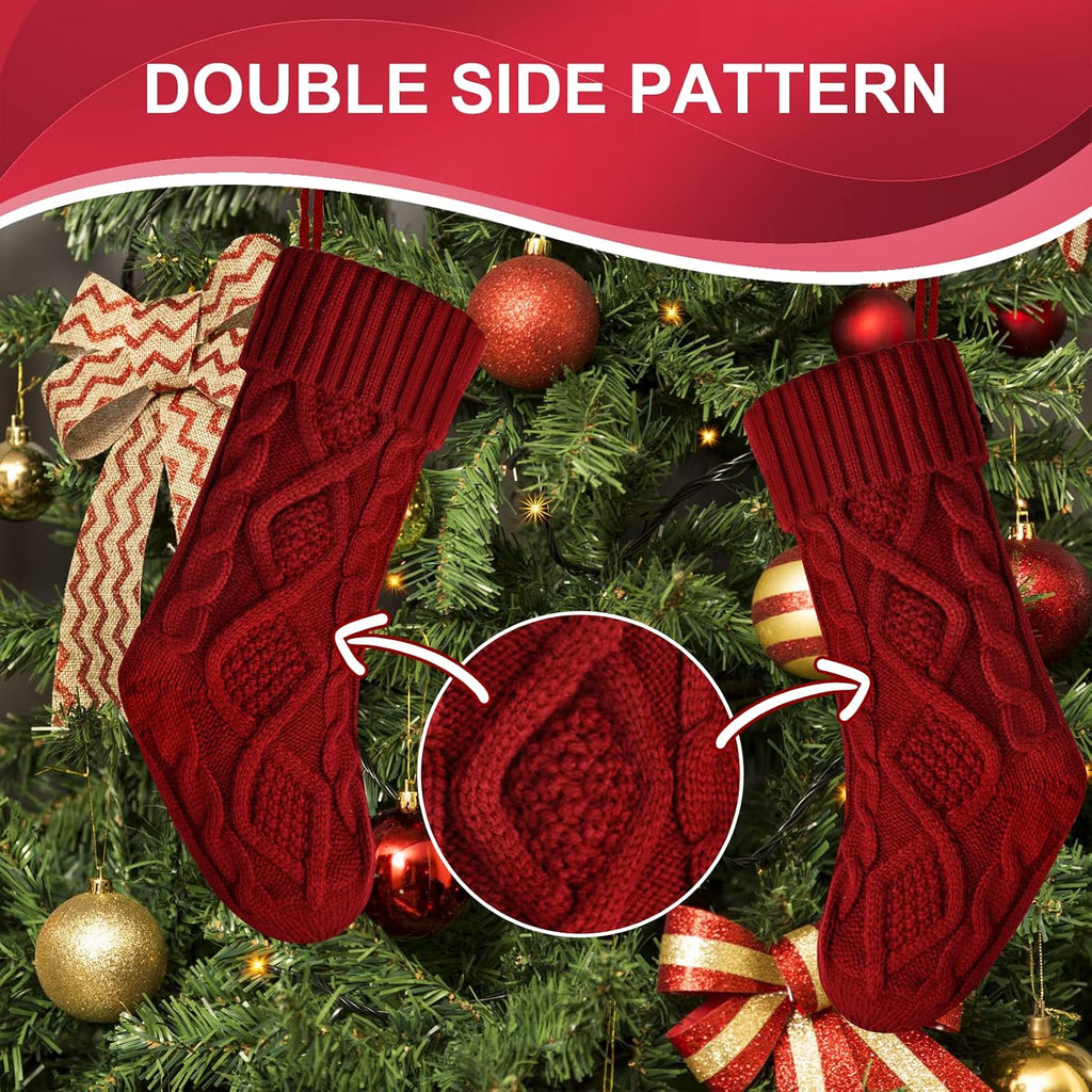 Christmas Stockings 20 Inch Burgundy, Ivory, Khaki Cable Knit Xmas Stockings for Family Christmas Decoration, 6 Pack