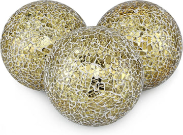 4" Decorative Orbs, Mosaic Sphere Balls, Centerpiece Balls for Bowls, Vases, Dining Table Decor, Pack of 3 (Gold) - Set of 3