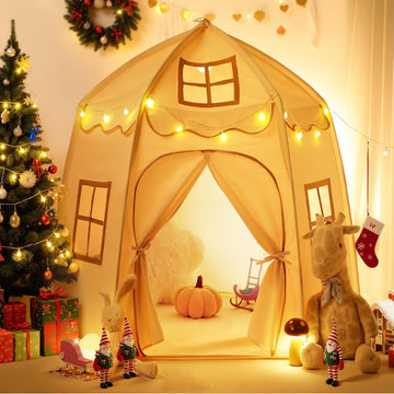 Large Kids Play Tent with Star Lights, 1 Door & 3 Windows, White
