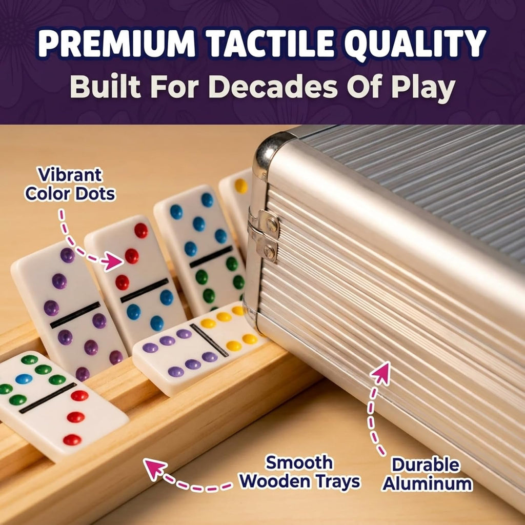 Mexican Train Dominoes Set with 4 Wooden Trays - 91 Double 12 Color Dot Dominoes, Aluminum Storage Case, 9 Train
