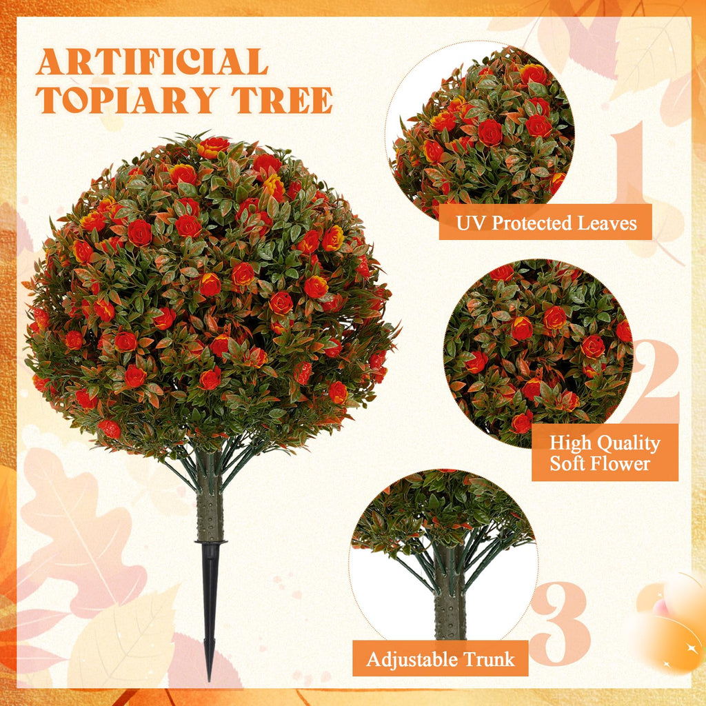 2 Pack 24" Artificial Topiary Ball Plant Trees Outdoor, Orange, Rose