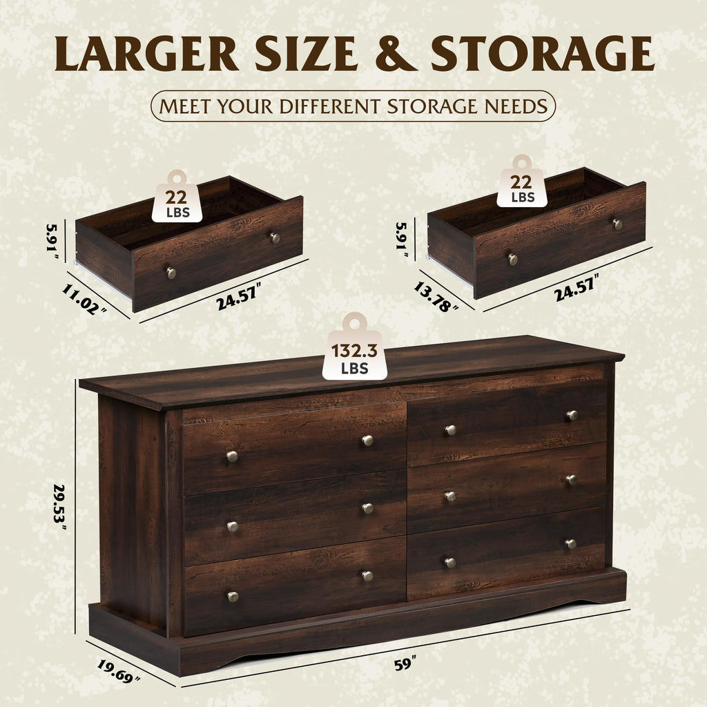 59", Wooden 6 Drawer with Exclusive Anti-Tip Structure, Large Modern Chest of Drawers, Closet, Home Furniture, TV