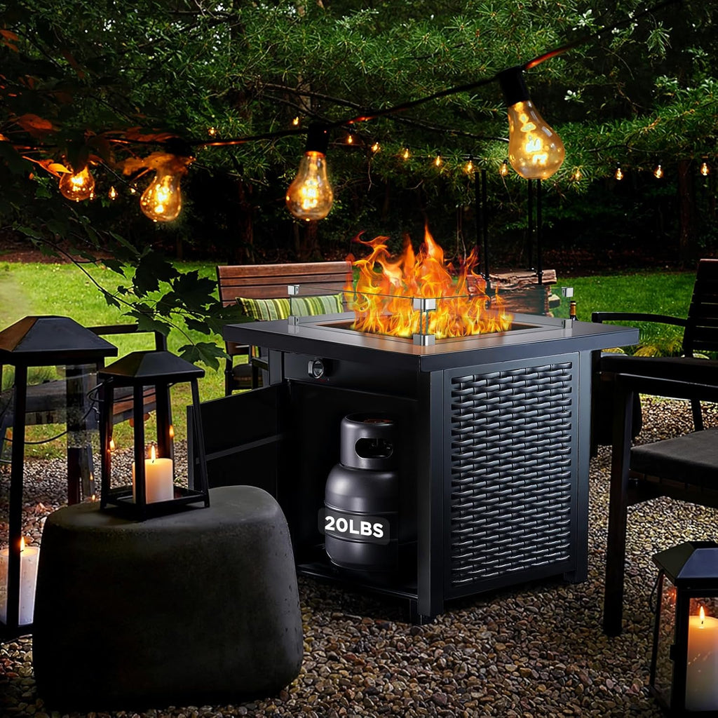 Propane Fire Pit, 28″ Outdoor Gas Fire Pit, 50,000 BTU Steel Fire Table with Glass Wind Guard, Lid & Lava Rock