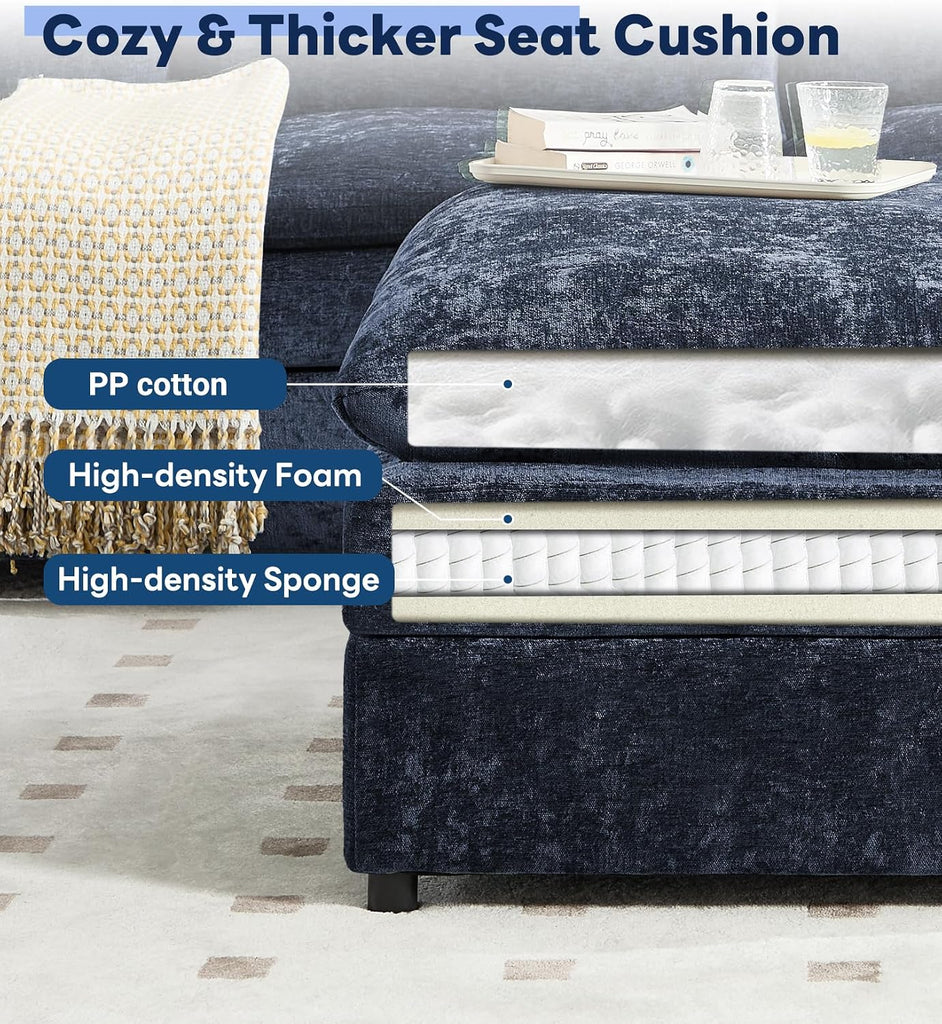 25" Chenille Ottoman, 9.5" Thick Cushion, Upholstered Footrest Modern Footstool & Bench , Blue