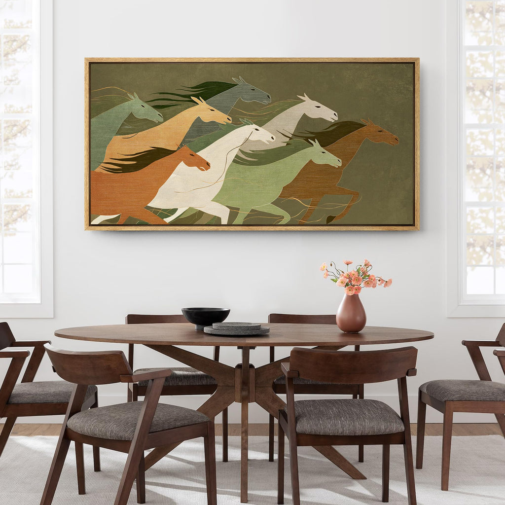 Extra Large Framed Canvas Print Wall Art Running Horses Modern Abstract Horse in Earthy Green and Orange Tones