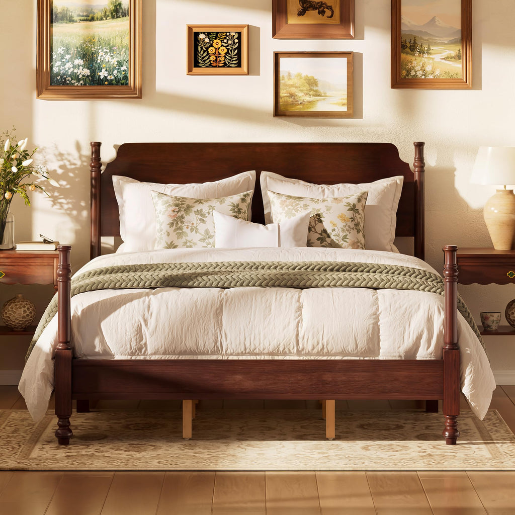 Spindle Platform Bed with Headboard, Dark Walnut