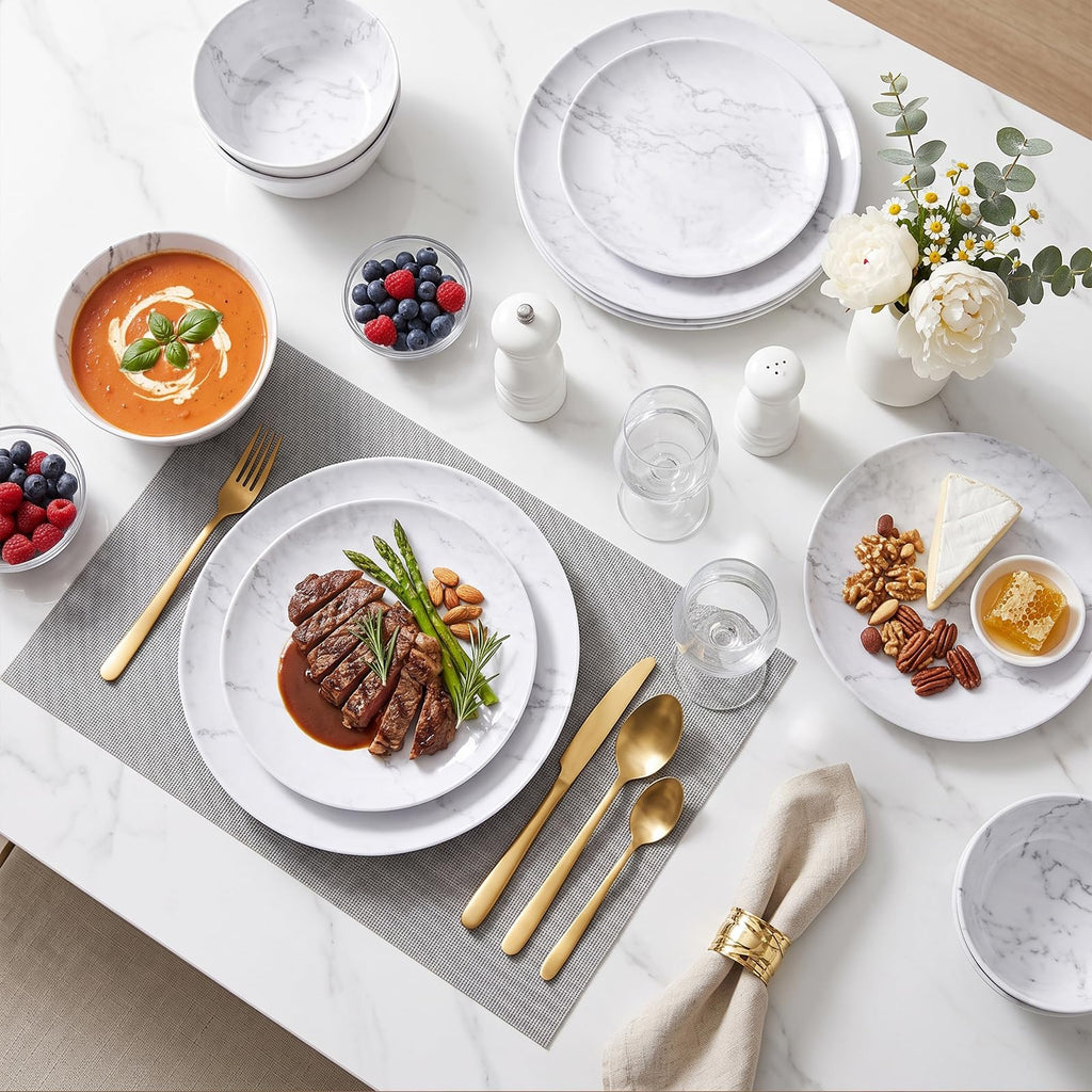 12-Piece Melamine Dinnerware Sets, Modern White Round Dish Set for 4