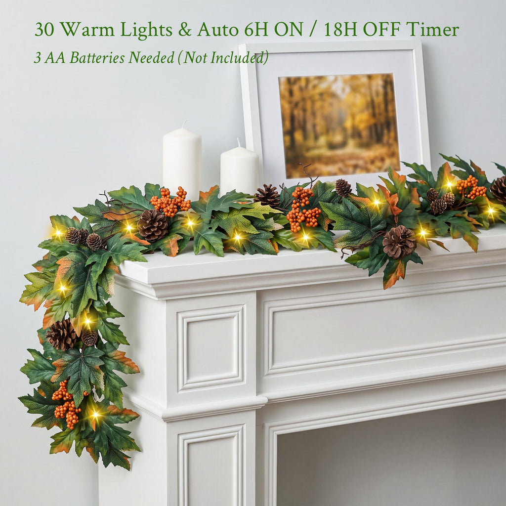 6ft Lighted Fall Garland with 30 Lights & Automatic Timer & Maple Leaves