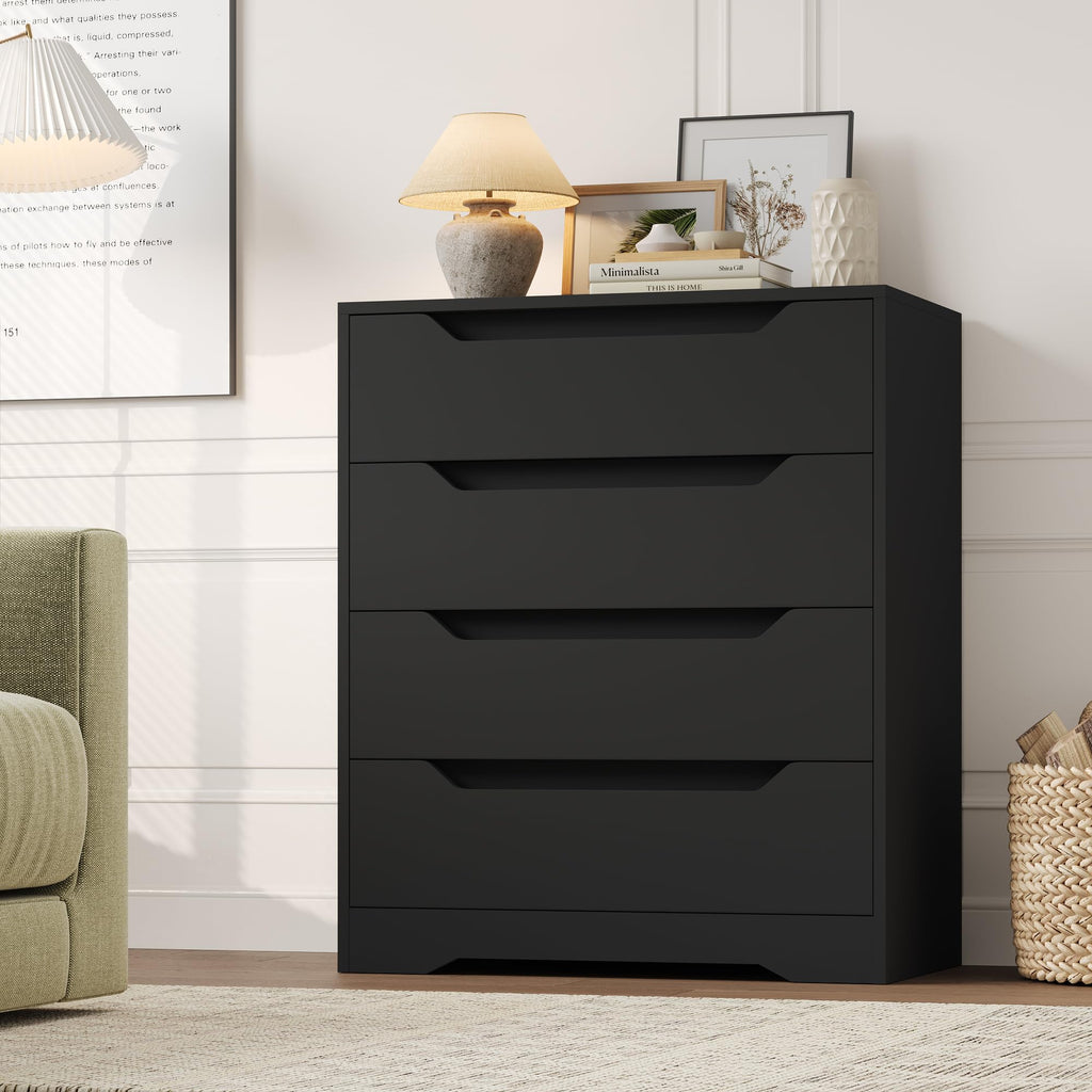 Modern 4 Drawers Dresser, Wood Chest of Drawers with Storage, Black
