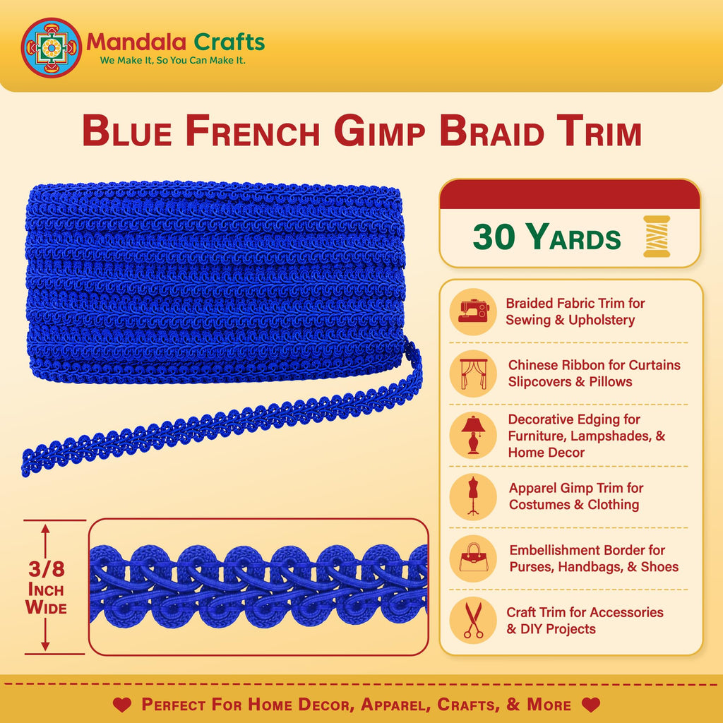Blue French Gimp Braid Trim for Sewing Upholstery, 30 YDs