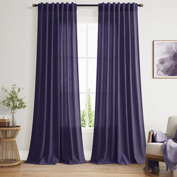 Purple Linen Blend Light Filtering Back Tab Curtains 108 Inches Long, Semi Sheer Privacy Drapes, 52x108 inch, 2