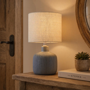 Ceramic Table Lamp, 17.75" Nautical Bedside Lamp with Beige Linen Shade, Warm Ambient Nightstand Lighting for Beach