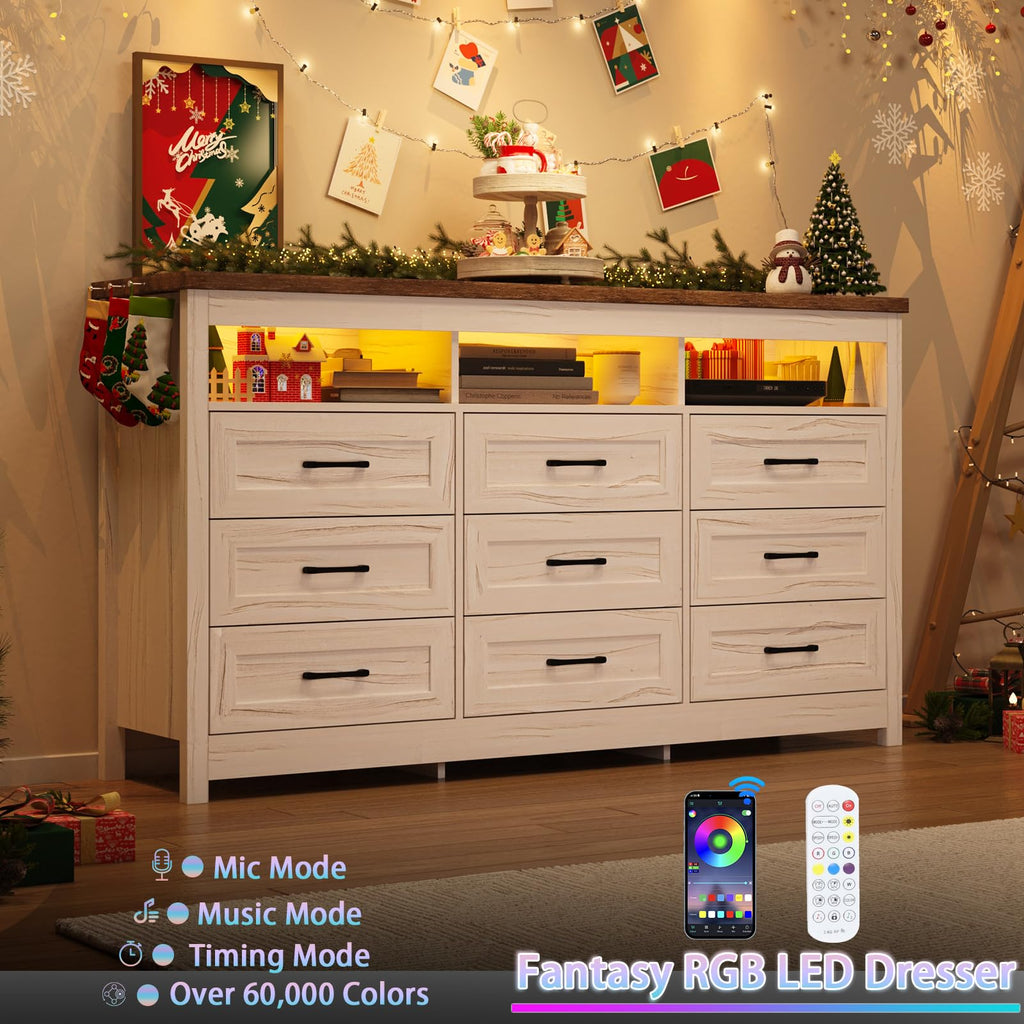 Farmhouse 9 Drawer with LED Lights, 63" Wide Large Chest of Drawers, Modern Wood Storage Organizer with Charging