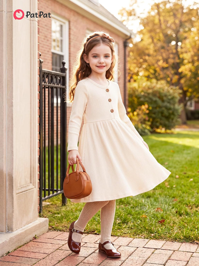 Baby Toddler Ribbed Button Knit Cotton Dress Long Sleeve 3M