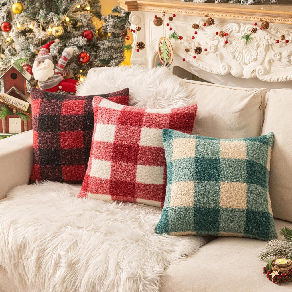 Red White Plaid Christmas Throw Pillow Covers 18x18 Inch - Set of 2